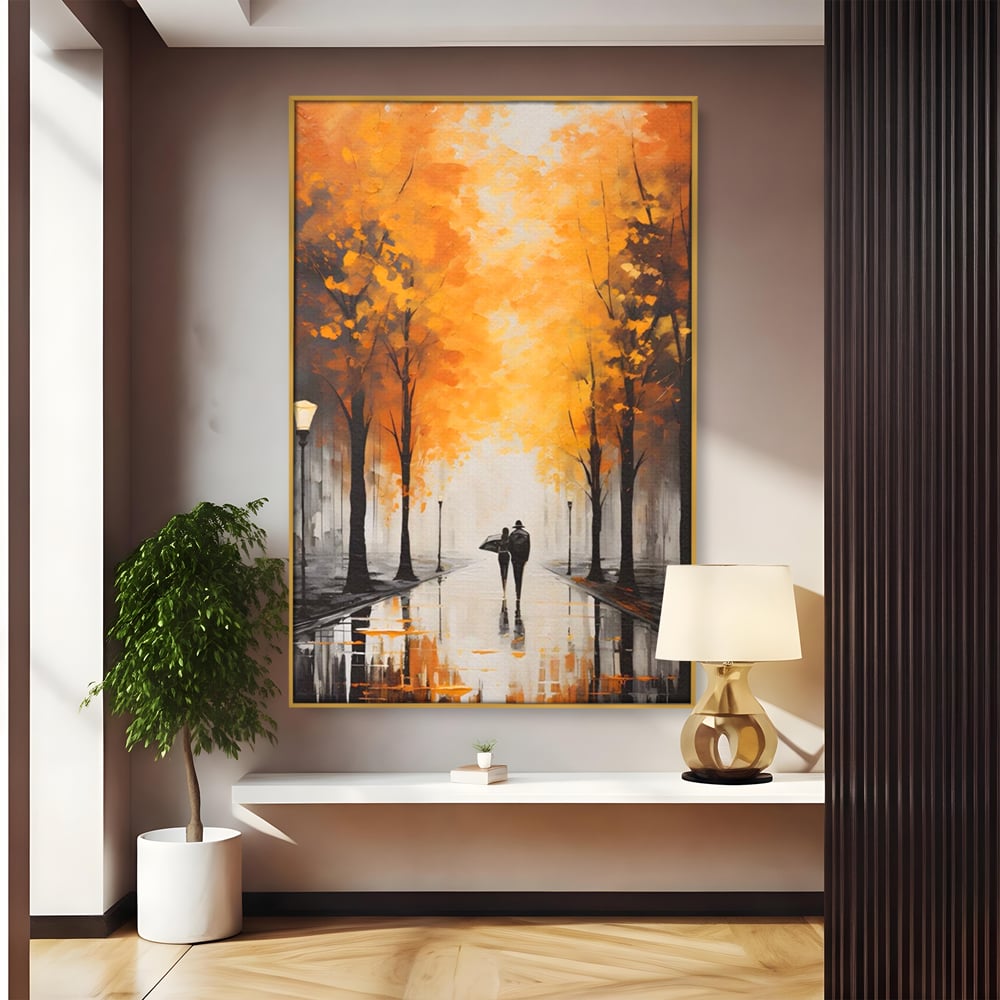 Tablou canvas cu tablou canvas cuplu sub umbrela, in rama de aluminiu auriu